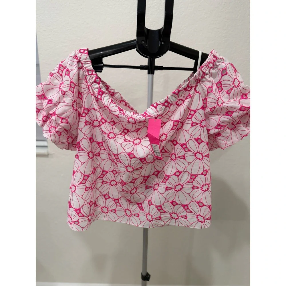 Lilly Pulitzer Lesley Top Raz Berry Botanical Chiffon Eyelet Pink‎ White L NWT